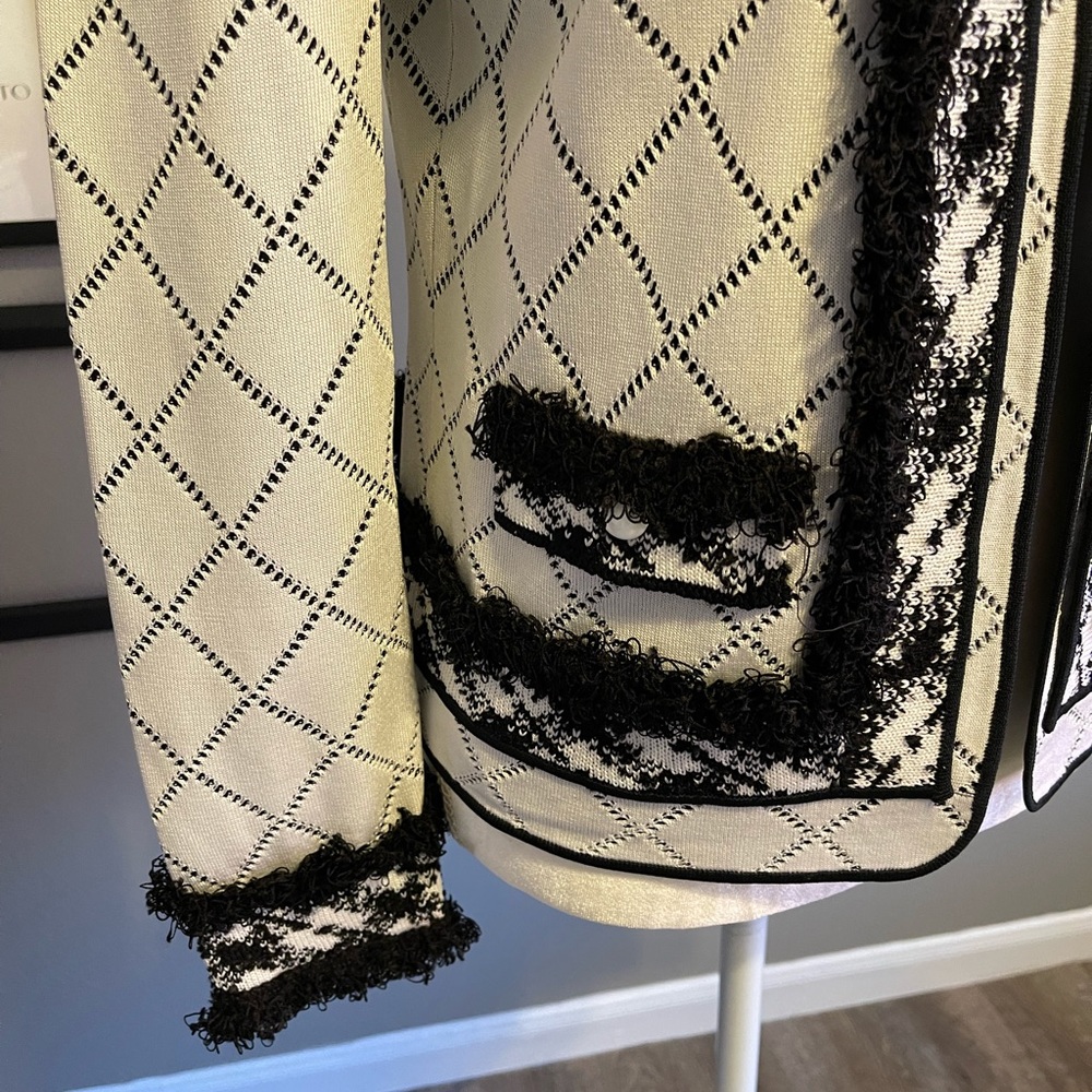 Ming Wang Black and White Diamond Patterned Fringe Jacket S - Picture 4 of 10